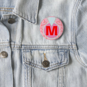 Badge Rond 5 Cm Cœur Rouge Diamant Bleu Monogramme