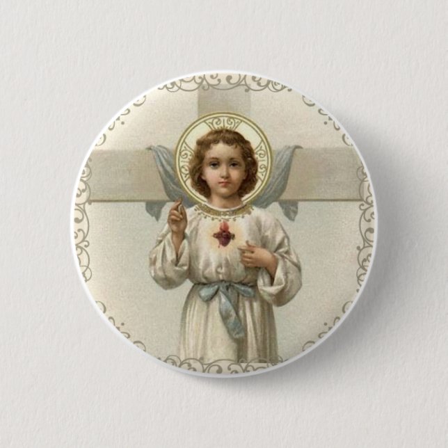 Badge Rond 5 Cm Coeur sacré d'enfant Jésus avec la croix (Devant)