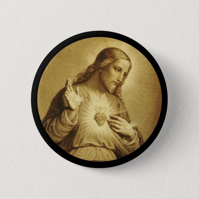 Badge Rond 5 Cm Coeur sacré d'or avec Croix (Devant)