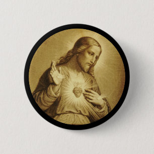 Badge Rond 5 Cm Coeur sacré d'or avec Croix