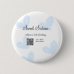 Badge Rond 5 Cm Coeurs d'aquarelle bleu QR Sweet sixteen anniversa