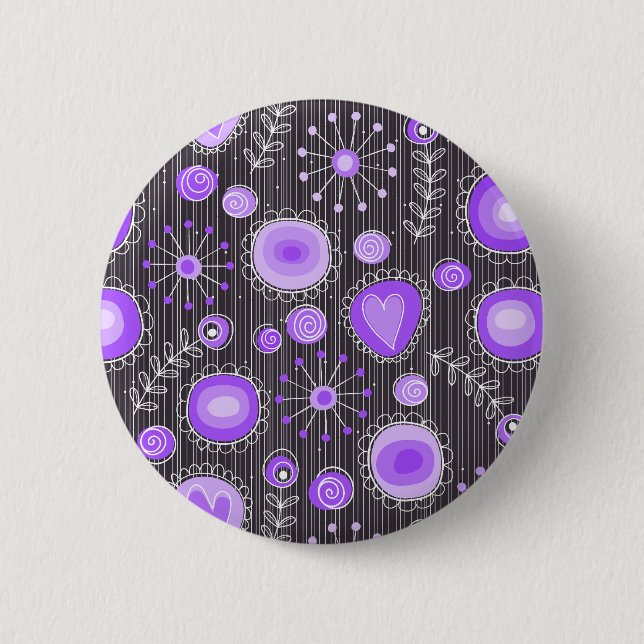 Badge Rond 5 Cm Coeurs gris violet blanc et fleurs florales (Devant)