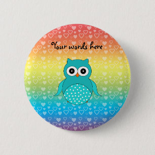 Badge Rond 5 Cm Coeurs mignons d'arc-en-ciel de hibou de turquoise