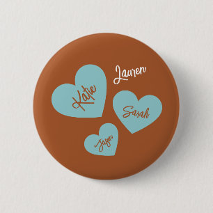 Badge Rond 5 Cm Coeurs Turquoises personnalisés avec nom d'enfant