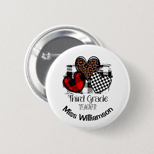 Badge Rond 5 Cm Coeurs vibrants Nom personnalisé Enseignant de 3e 