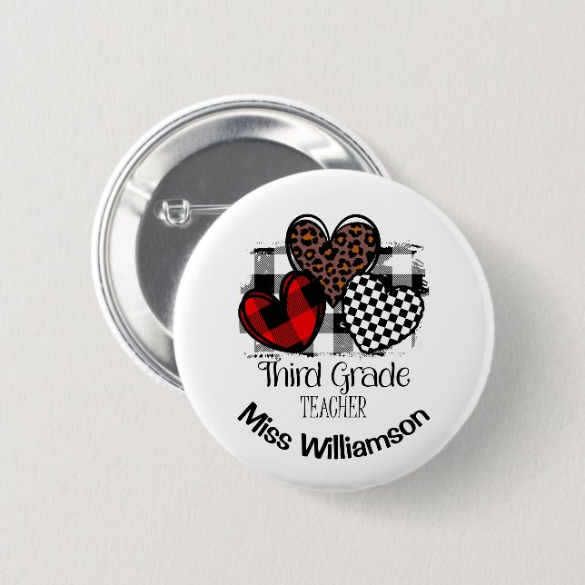 Badge Rond 5 Cm Coeurs vibrants Nom personnalisé Enseignant de 3e  (Devant & derrière)