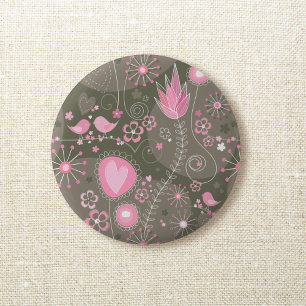 Badge Rond 5 Cm Coeurs Whimsical rose et gris, oiseaux et fleurs
