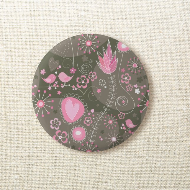 Badge Rond 5 Cm Coeurs Whimsical rose et gris, oiseaux et fleurs (Créateur téléchargé)