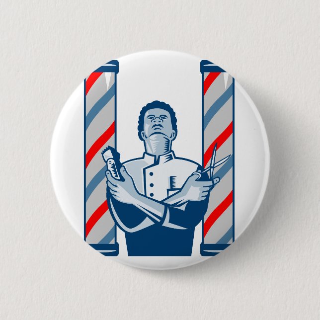 Badge Rond 5 Cm Coiffeur avec la tondeuse de Polonais et ciseaux (Devant)