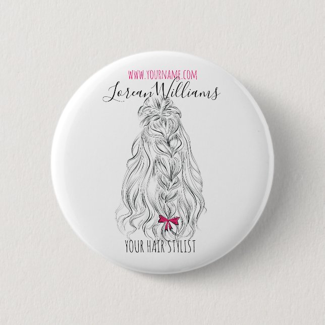 Badge Rond 5 Cm Coiffure moderne Noir Blanc Vave Cheveux Rose Bow (Devant)