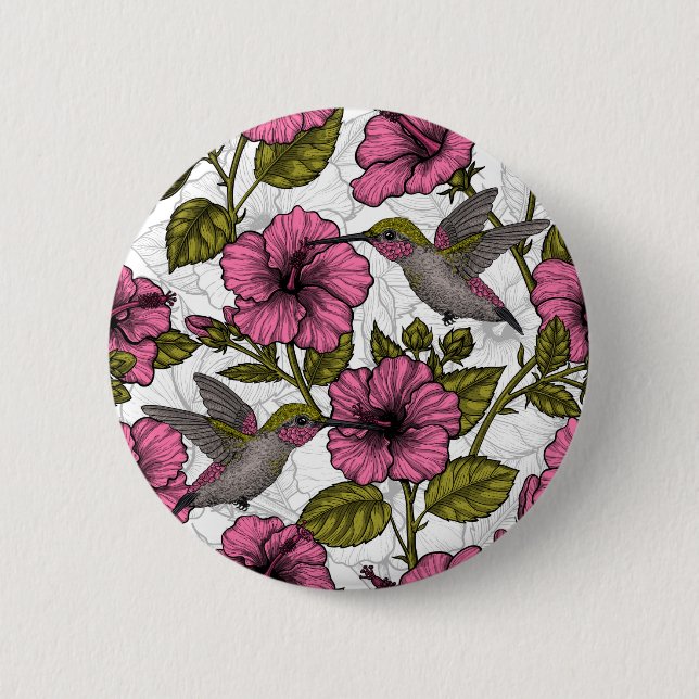 Badge Rond 5 Cm Colibris et fleurs d'hibiscus roses (Devant)