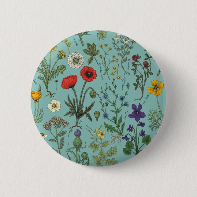 Badge Rond 5 Cm Collage de fleurs sauvages sur fond bleu (Devant)