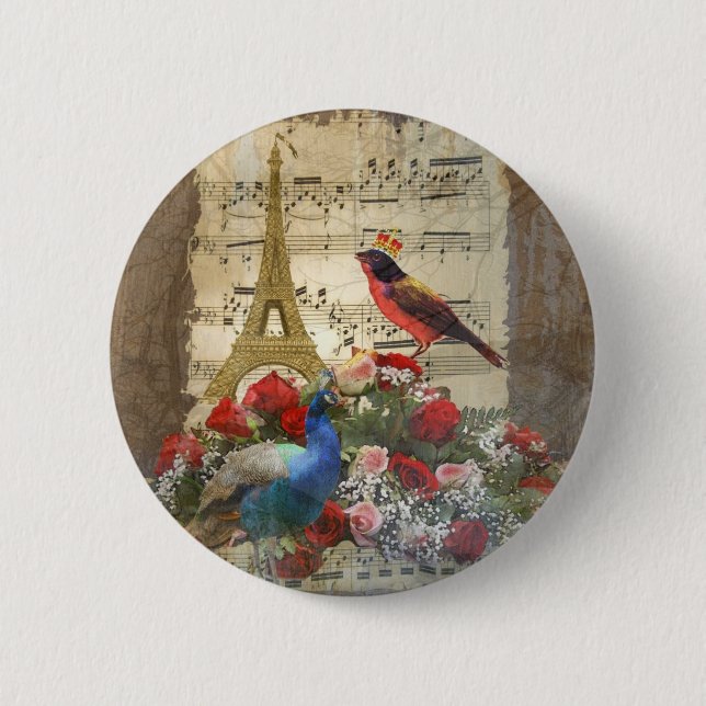 Badge Rond 5 Cm Collage vintage de feuille de musique de Paris et (Devant)