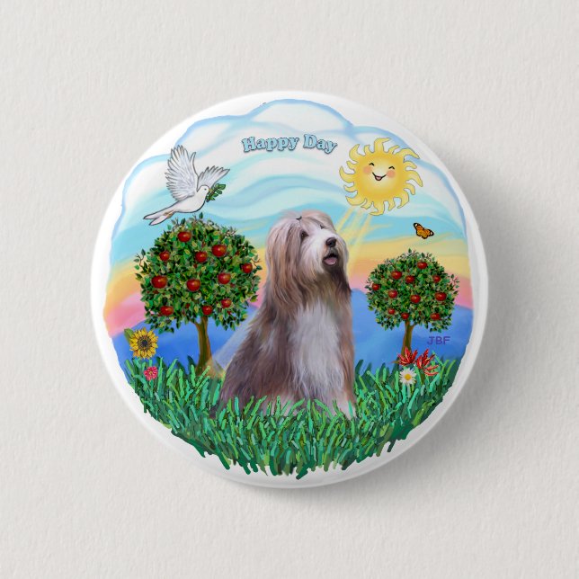 Badge Rond 5 Cm Collie hérissée (blanc-brun) (Devant)