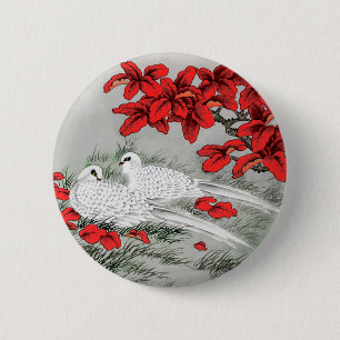 Badge Rond 5 Cm Colombes blanches vintage et feuilles rouges sur g