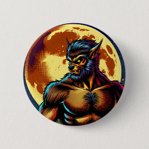 Badge Rond 5 Cm Comic Book Style Werewolf devant la Pleine lune