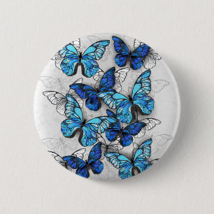 Badge Rond 5 Cm Composition of White and Blue Butterflies