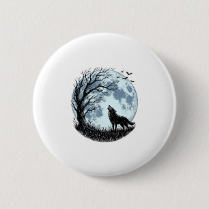 Badge Rond 5 Cm Conception de silhouette d'arbre de lune hurlant l