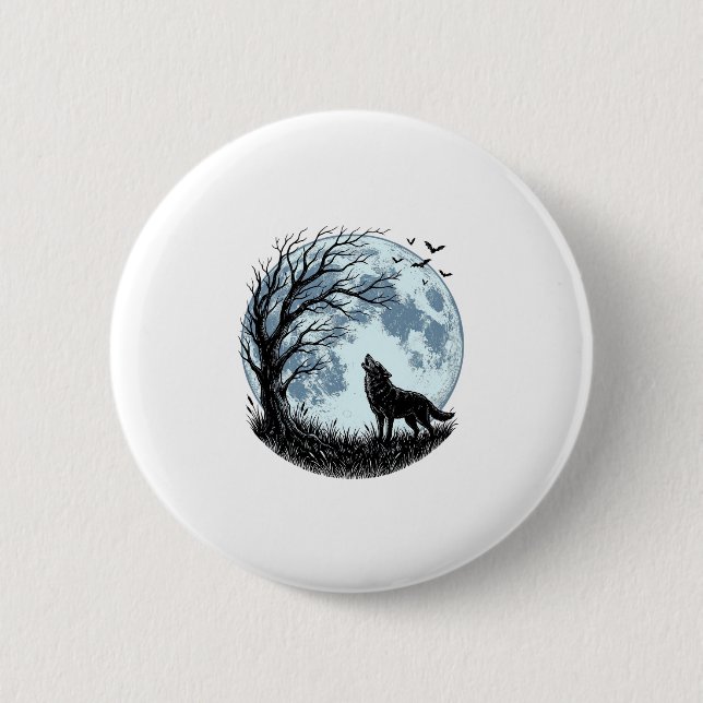 Badge Rond 5 Cm Conception de silhouette d'arbre de lune hurlant l (Devant)