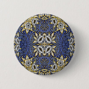 Badge Rond 5 Cm Conception de William Morris Bleu et Or Tulipe Sau