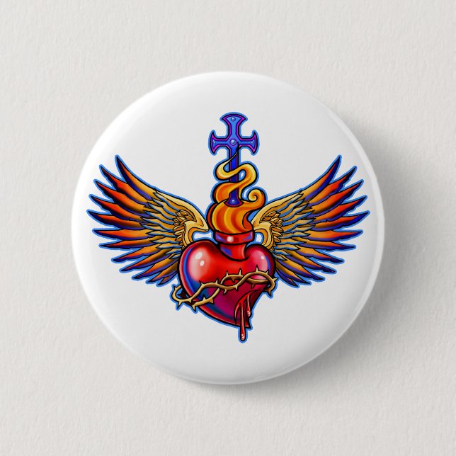 Badge Rond 5 Cm Conception sacrée d'ailes d'ange de coeur (Devant)