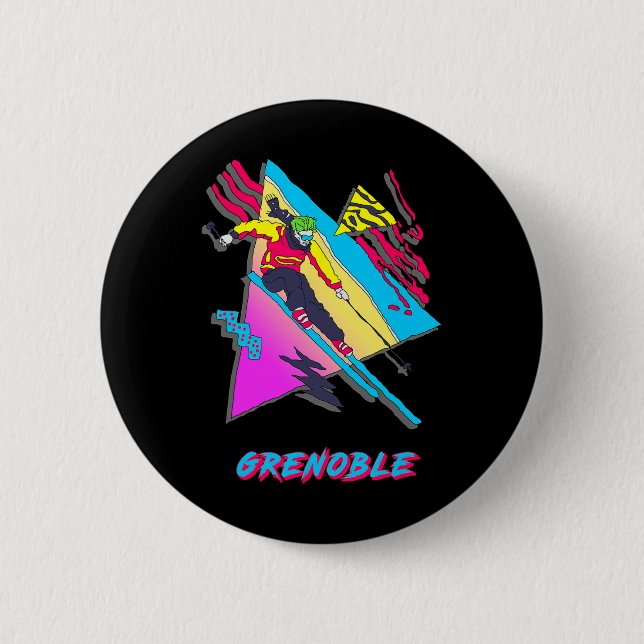 Badge Rond 5 Cm Conception vibrante de ski avec texte Grenoble Ski (Devant)