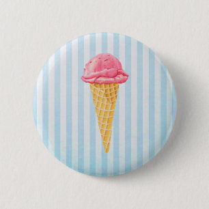 Badge Rond 5 Cm Cône De Crème De Glace Aux Fraises Bleues