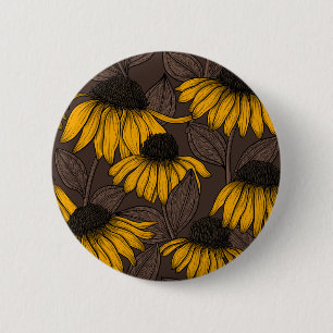 Badge Rond 5 Cm Confleurs jaunes sur brun foncé