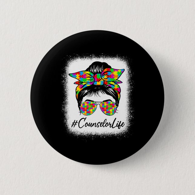 Badge Rond 5 Cm Conseillère Messy Bun Femmes soutenant l'autisme (Devant)