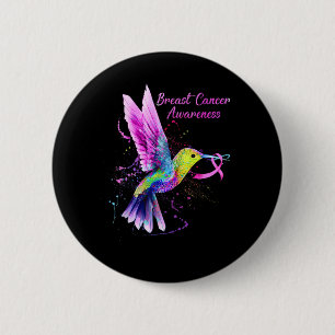 Badge Rond 5 Cm Cool Colibri Holding Pink Ribbon Cancer du sein