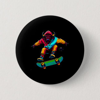 Badge Rond 5 Cm Cool Funky Buffalo Skateboarding Illustration Art 