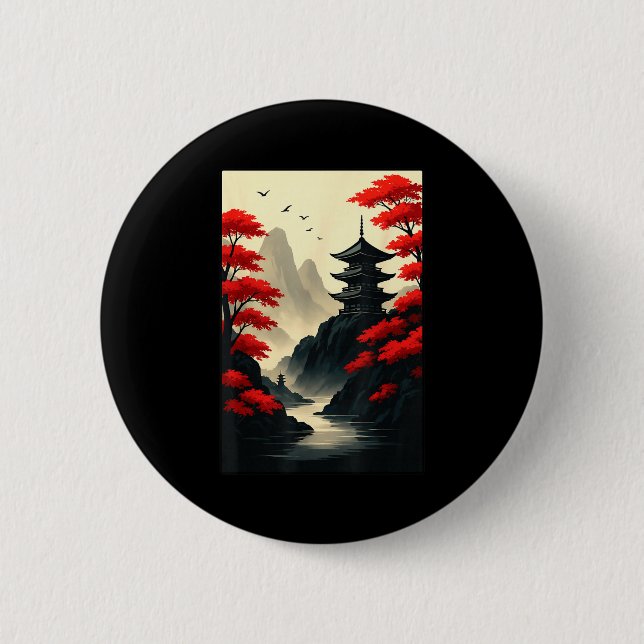 Badge Rond 5 Cm Cool Japanese Pagoda Castle Mountain Landscape Gra (Devant)