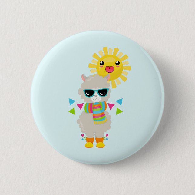 Badge Rond 5 Cm Cool Llama et souriant Kawaii Sun (Devant)