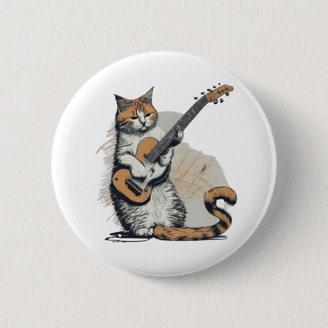 Badge Rond 5 Cm Cool Orange Chat Jamming sur la guitare (Devant)