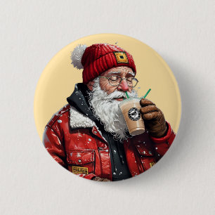 Badge Rond 5 Cm Cool Père Noël Boire du café glacé Art de Noël