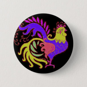 Badge Rond 5 Cm Coq Art Déco violet sur fond noir