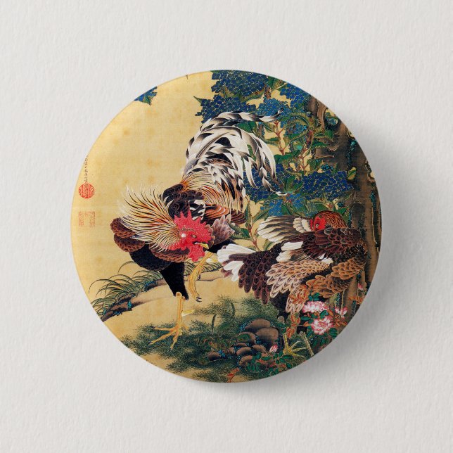 Badge Rond 5 Cm Coq et Hen avec Hydrangeas par Ito Jakuchu (Devant)