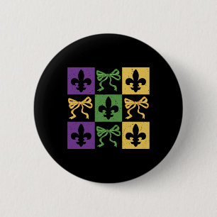 Badge Rond 5 Cm Coquette Bow À damiers Fleur De Lis Mardi Gras Car