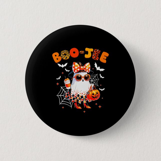 Badge Rond 5 Cm Coquette Leopard Ghost Coffee Boo-jee Halloween Bo (Devant)