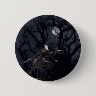 Badge Rond 5 Cm Corbeau et squelette de rat au clair de lune