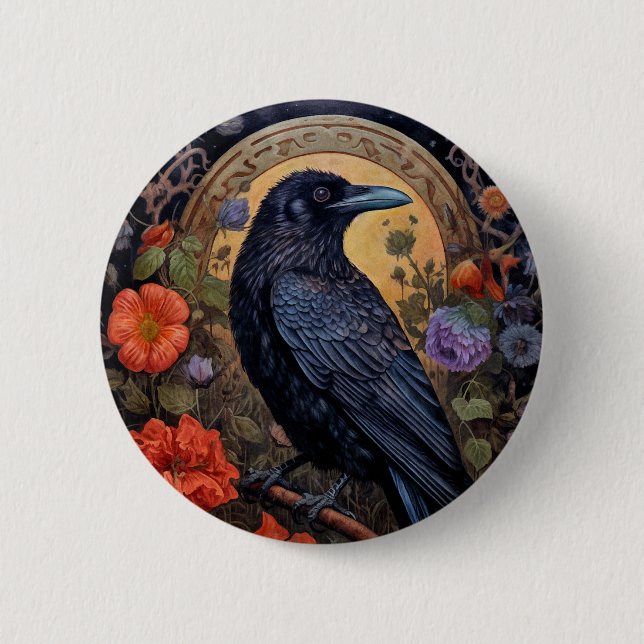 Badge Rond 5 Cm Corbeau noir avec fleurs Design gothique (Devant)