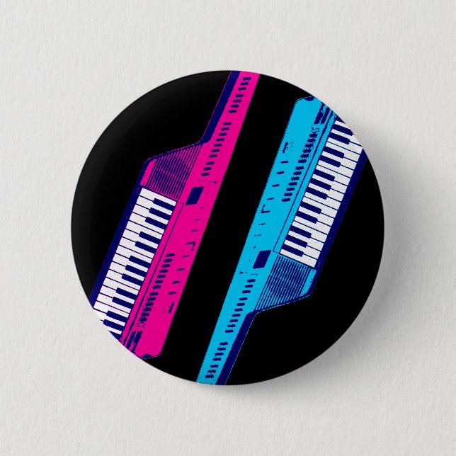 Badge Rond 5 Cm Corey Tiger 80's Retro Keytar rose & bleu (Devant)