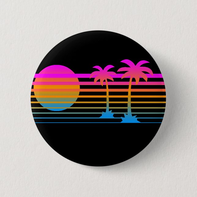 Badge Rond 5 Cm COREY TIGER 80s RETRO PALMIERS SUNSET TROPICAL (Devant)
