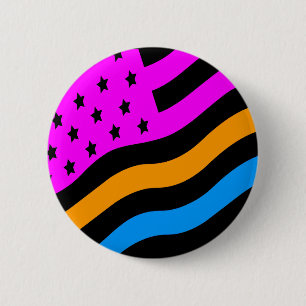 Badge Rond 5 Cm COREY TIGER 80s RETRO USA FLAG MULTI COLOR NOIR