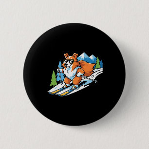 Badge Rond 5 Cm Corgi alpin sur skis Lunettes de soleil cool Scène