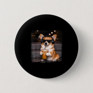 Badge Rond 5 Cm Corgi buvant du café glacé amateur d'humour mème d