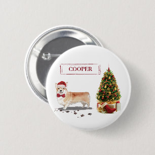 Badge Rond 5 Cm Corgi Funny Christmas Dog with Tree