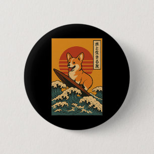 Badge Rond 5 Cm Corgi Japonais de Surf