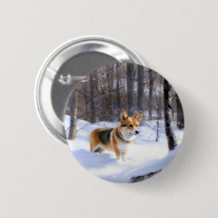 Badge Rond 5 Cm Corgi Noël sous la neige