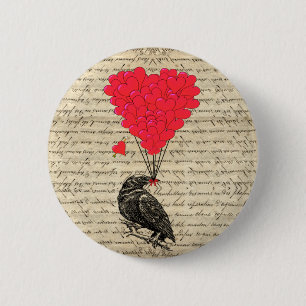 Badge Rond 5 Cm Corneille vintage et ballons en forme de coeur